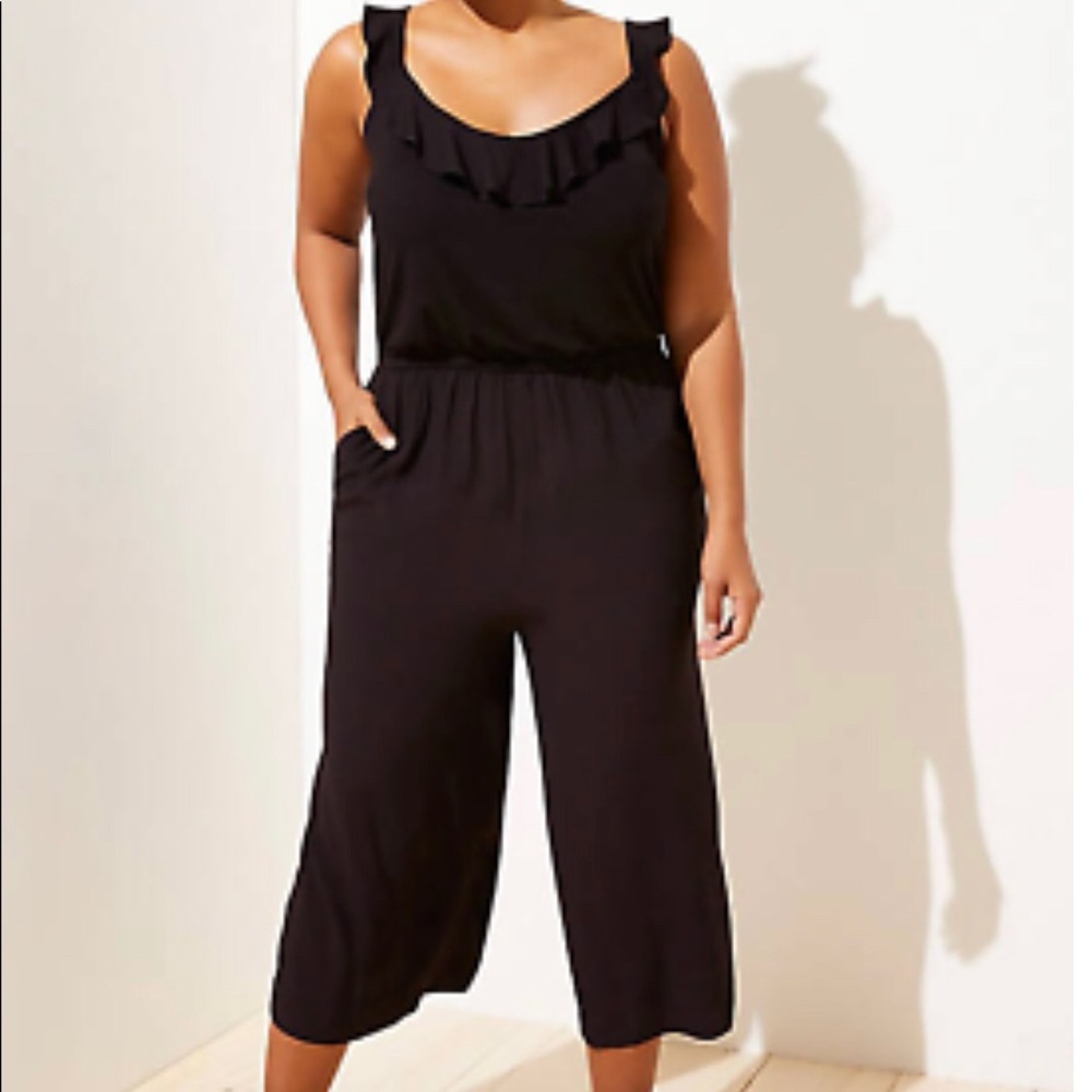 Loft Plus Ruffle Neck Mixed Media Black Jumpsuit. Plus. 26w. NWT